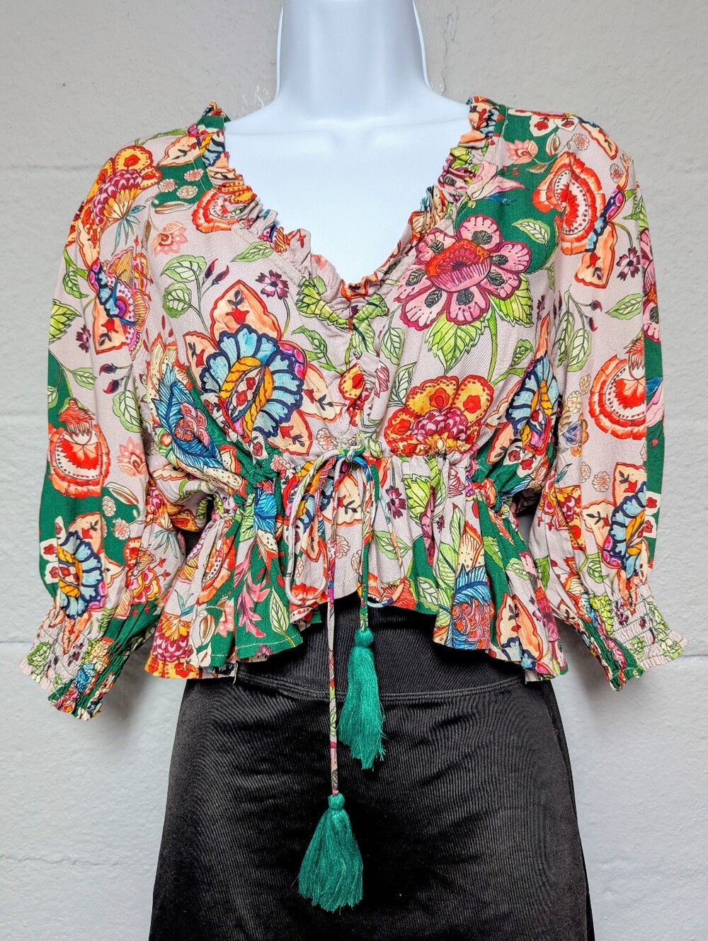 Natural Life Crop Blouse Size XS V Neck Waist Tie